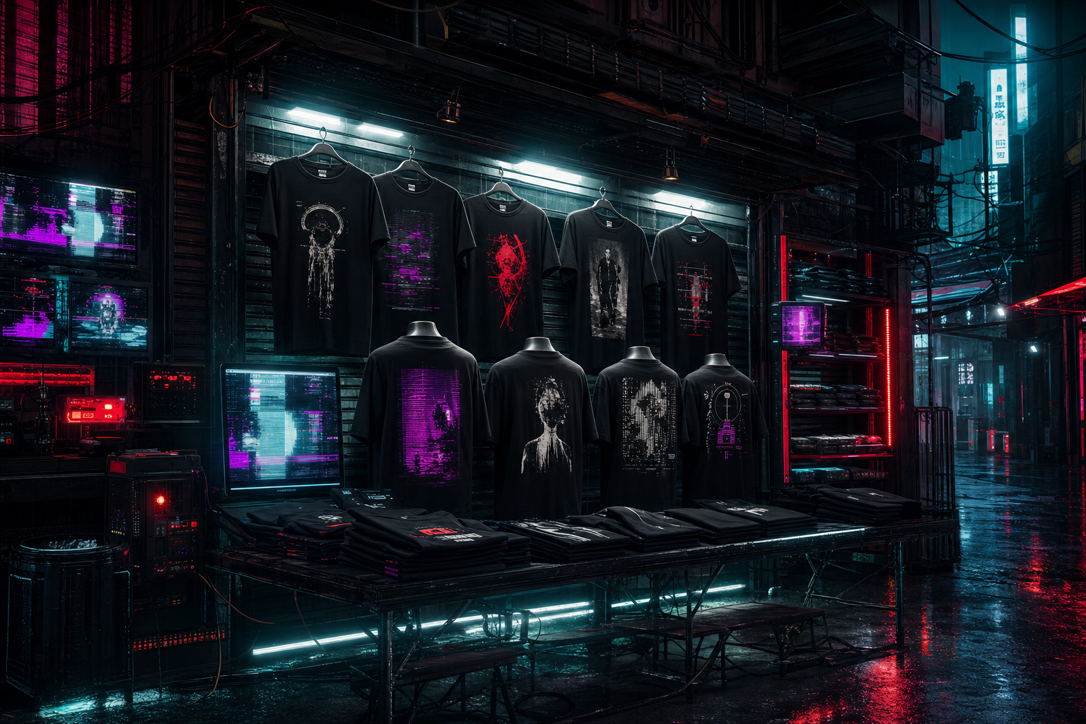 Drop di T-shirt cyberpunk in una strada sotterranea di Padova sotto la pioggia